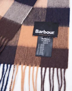 Sciarpa Barbour in fantasia check cammello beige e blu in pura lana