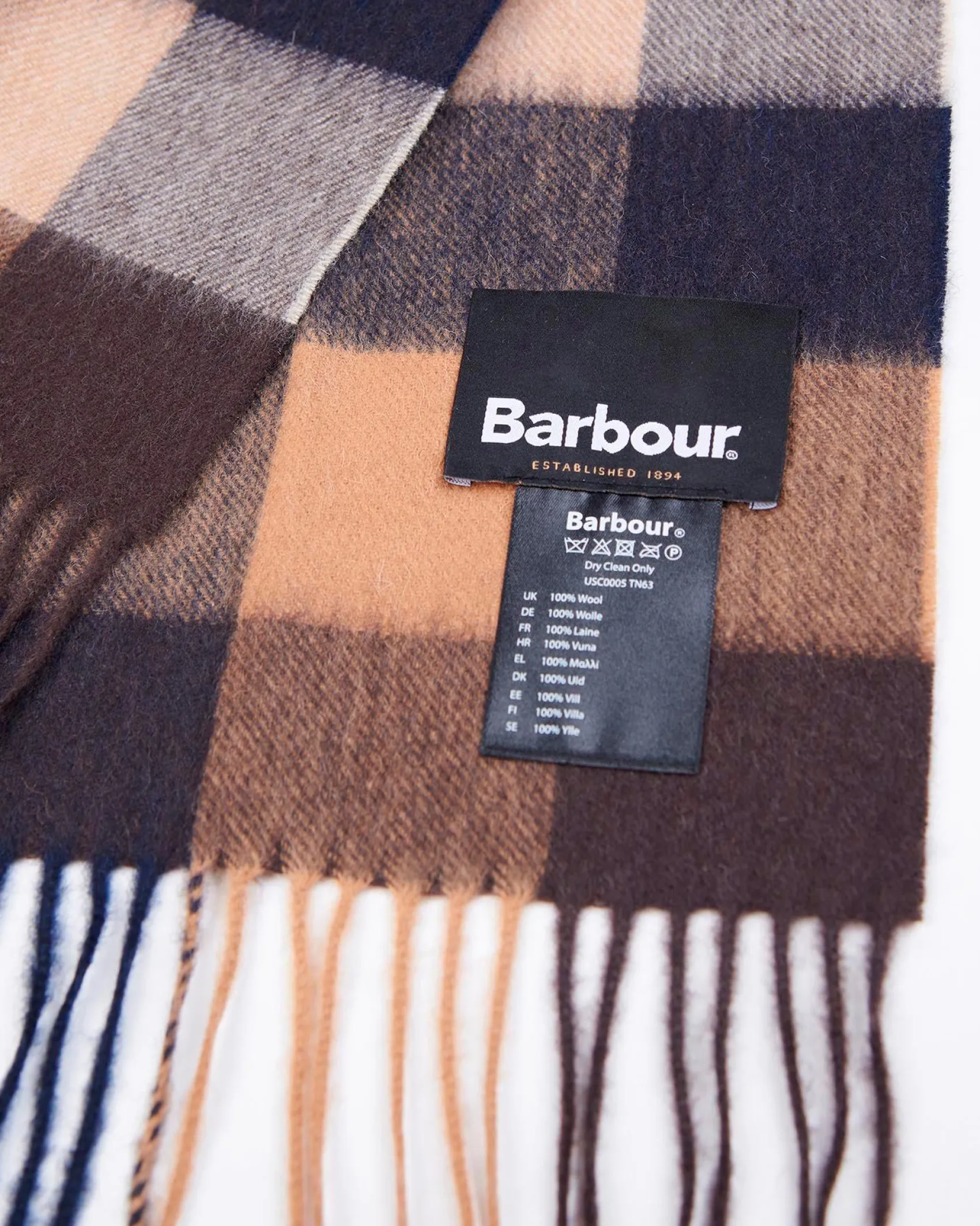 Sciarpa Barbour in fantasia check cammello beige e blu in pura lana