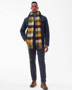 Sciarpa Barbour in fantasia check ocra blu e verde militare in pura lana