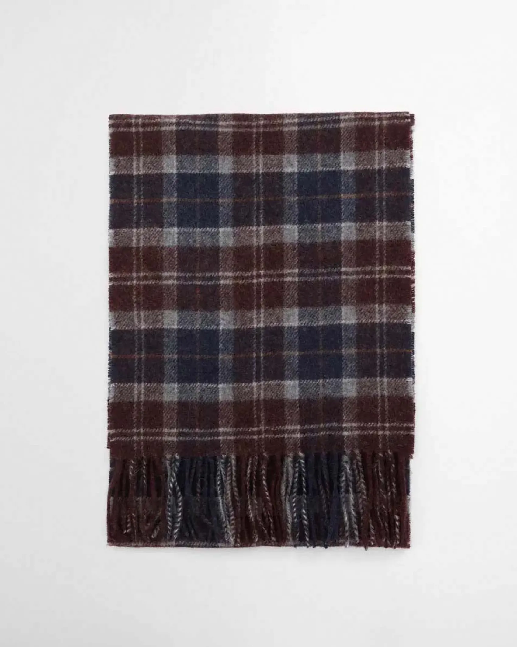 Sciarpa Barbour in tartan check marrone grigia e blu in pura lana