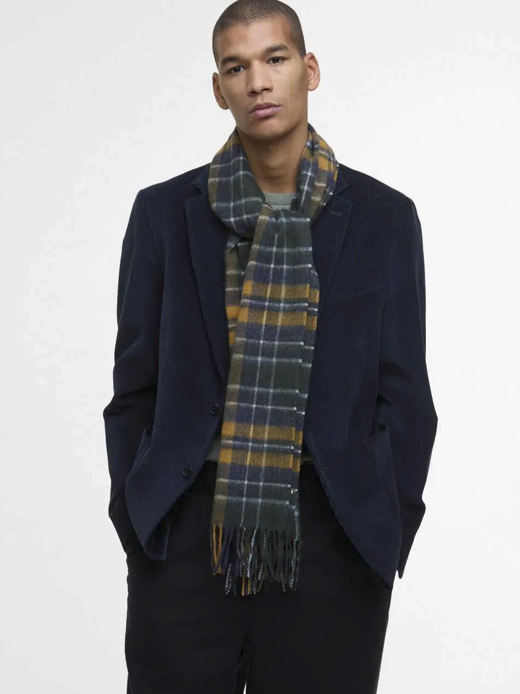 Sciarpa Barbour in tartan check ocra verde e blu in misto lana e cachemire