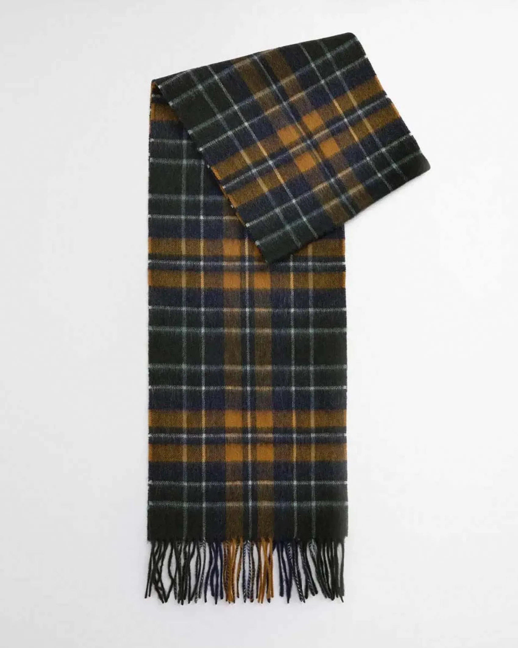 Sciarpa Barbour in tartan check ocra verde e blu in misto lana e cachemire