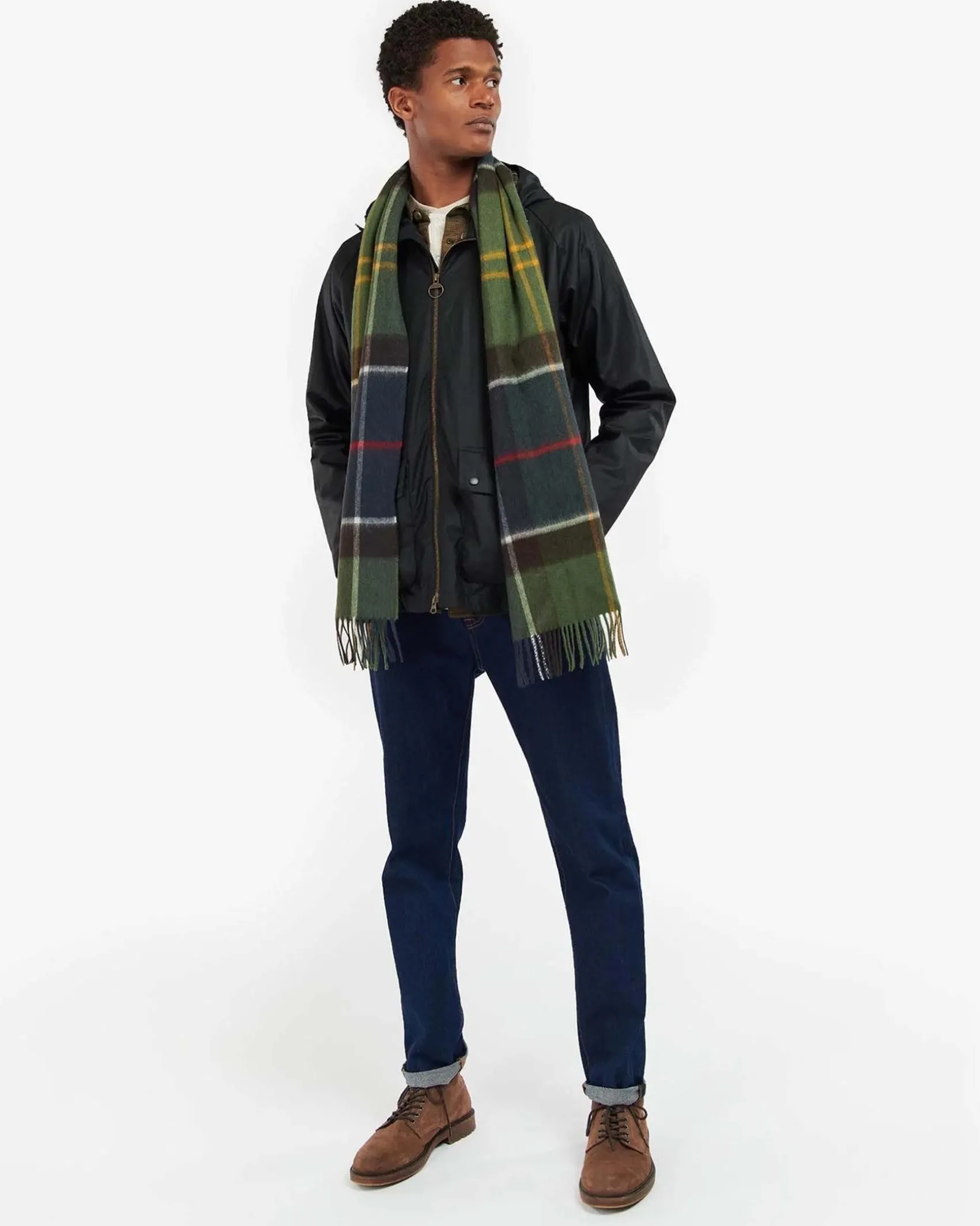 Sciarpa Barbour in tartan check verde blu e grigia in misto lana e cachemire