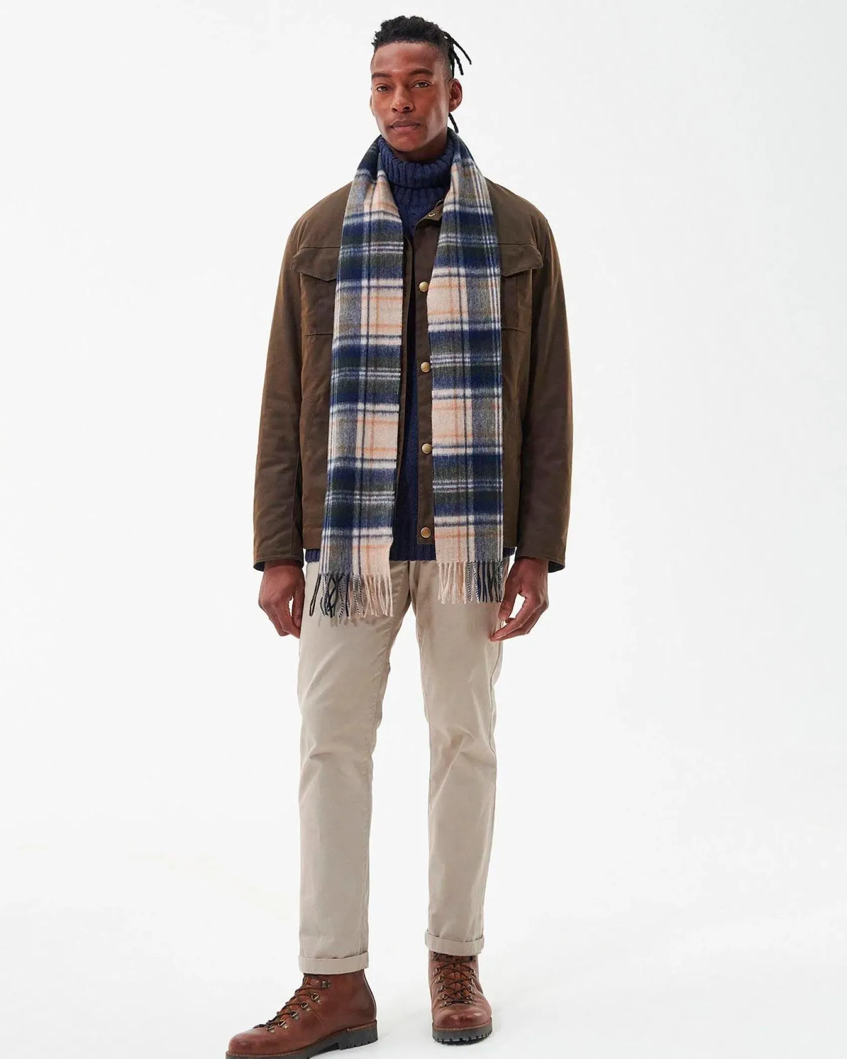 Sciarpa Barbour in tartan check beige verde e blu in misto lana e cachemire
