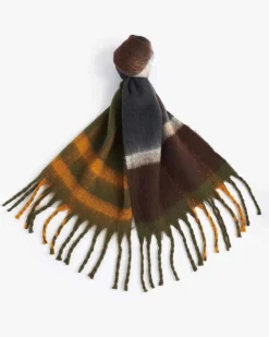 Sciarpa Barbour Isla in tessuto effetto peloso a fantasia tartan verde, blu, marrone e giallo con frange al fondo