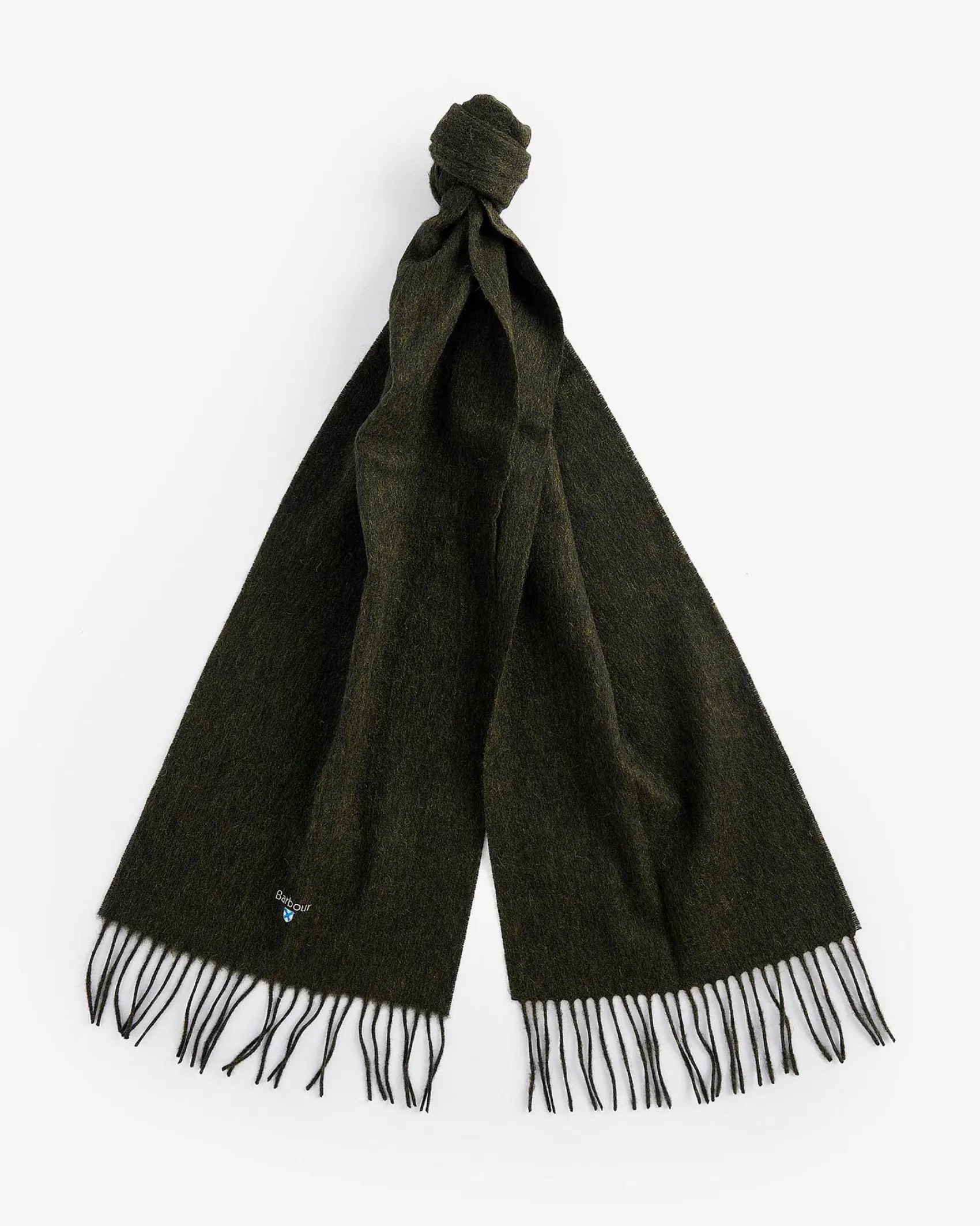 Sciarpa Barbour verde militare in pura lana con frange