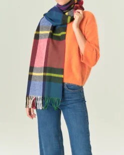 Sciarpa in lana merino a fantasia tartan multicolore con frange al fondo