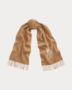 Sciarpa in misto lana color cammello e beige con maxi logo e frange applicate