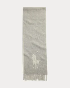 Sciarpa in misto lana grigio chiaro e avorio con maxi logo e frange applicate