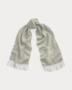 Sciarpa in misto lana grigio chiaro e avorio con maxi logo e frange applicate