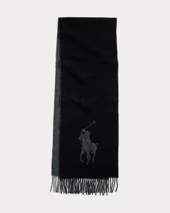 Sciarpa in misto lana nera e grigio scuro con maxi logo e frange applicate