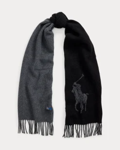 Sciarpa in misto lana nera e grigio scuro con maxi logo e frange applicate