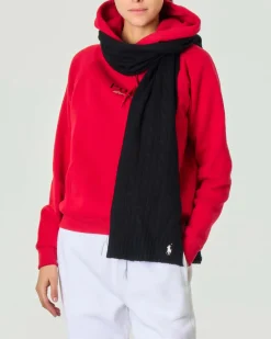 Sciarpa nera in lana e cashmere lavorazione a trecce con logo ricamato bianco