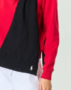 Sciarpa nera in lana e cashmere lavorazione a trecce con logo ricamato bianco