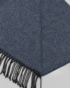 Sciarpa Pellizzari in tessuto spinato blu indaco e grigio con frange