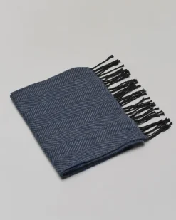 Sciarpa Pellizzari in tessuto chevron blu indaco e grigio con frange