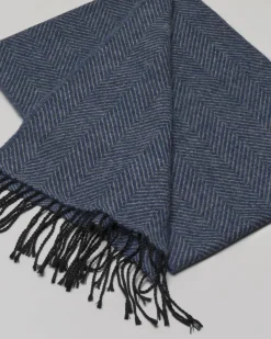 Sciarpa Pellizzari in tessuto chevron blu indaco e grigio con frange