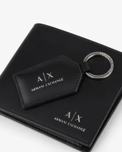 Set Armani Exchange composto da portafoglio e portachiavi in pelle nera con stampa logo AX