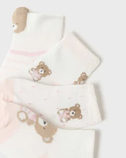 Set con quattro paia di calzini bianchi e rosa in cotone con orsetti 3-6 mesi