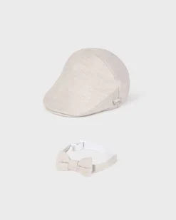 Set coppola e papillon beige in misto cotone e lino
