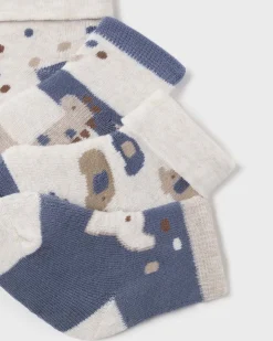 Set di quattro calze blu beige e panna a fantasia animaletti in misto cotone stretch