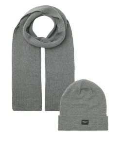 Set Jack & Jones composto da berretto e sciarpa grigi in maglia con etichetta logo cucita