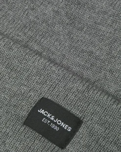 Set Jack & Jones composto da berretto e sciarpa grigi in maglia con etichetta logo cucita
