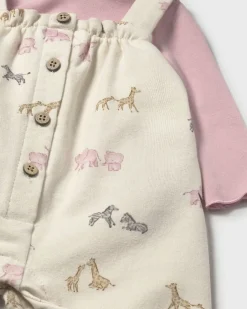 Set Mayoral maglia rosa e salopette avorio con animaletti savana