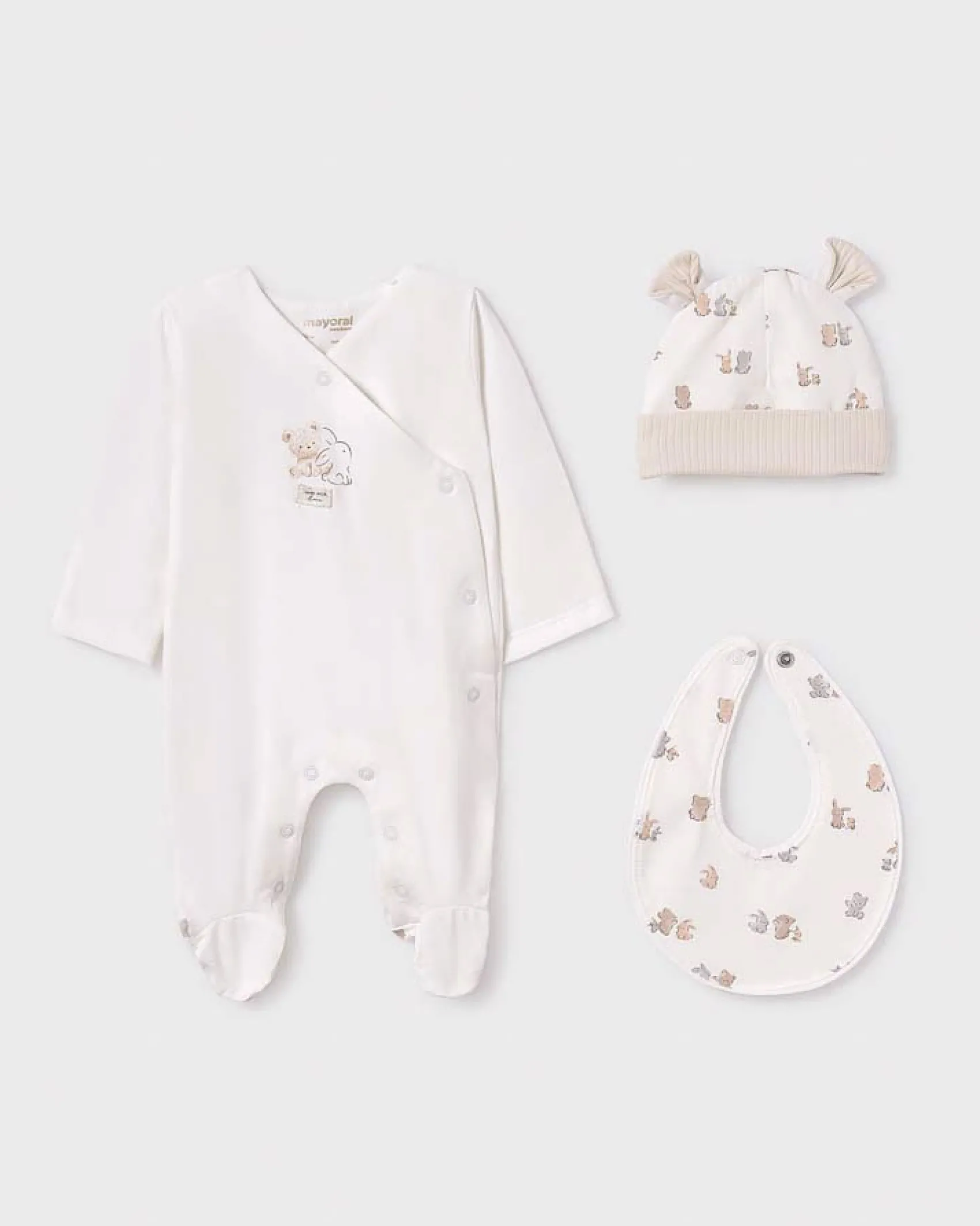 Set tutina cappellino e bavaglino avorio e beige con fantasia animaletti
