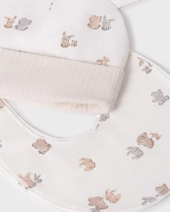 Set tutina cappellino e bavaglino avorio e beige con fantasia animaletti