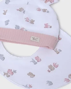 Set tutina cappellino e bavaglino rosa e bianco con fantasia animaletti