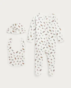Set tutina Polo Ralph Lauren cappellino e bavaglino bianchi in fantasia multicolor
