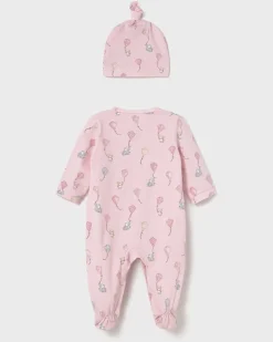 Set tutina rosa in jersey di cotone con cappellino abbinato in fantasia aquiloni