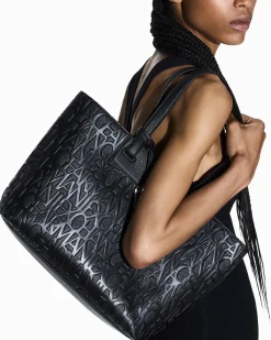 Shopping bag Armani Exchange nera in similpelle con logo in rilievo