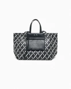 Shopping bag Armani Exchange nera con motivo grafico e dettagli in rilievo