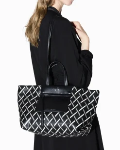 Shopping bag Armani Exchange nera con motivo grafico e dettagli in rilievo