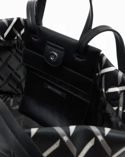 Shopping bag Armani Exchange nera con motivo grafico e dettagli in rilievo