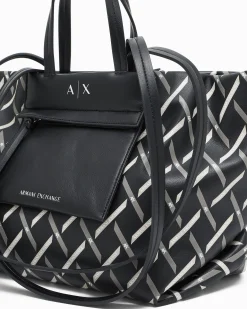 Shopping bag Armani Exchange nera con motivo grafico e dettagli in rilievo