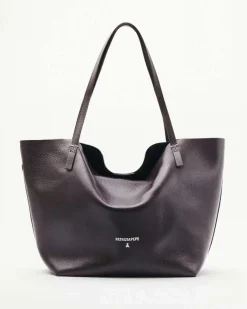 Shopping bag bordeaux linea Never Complete Patrizia Pepe in pelle con scritta logo e punti di cucitura a contrasto