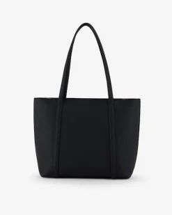 Shopping bag in similpelle martellata con stampa logo grigia sul davanti e charm logo appicato sul manico