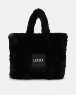 Shopping bag Liu Jo Sport nera in ecopelliccia con tracolla a righe