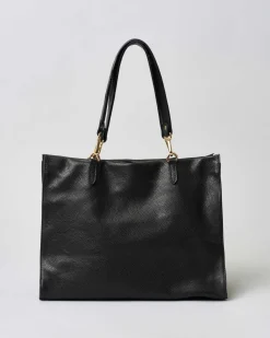 Shopping bag nera in pelle martellata morbida con doppio spallaccio con moschettoni