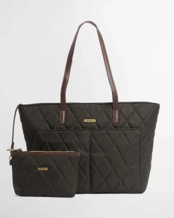 Shopping bag verde militare Barbour in nylon trapuntato con profili in similpelle e pochette staccabile più piccola