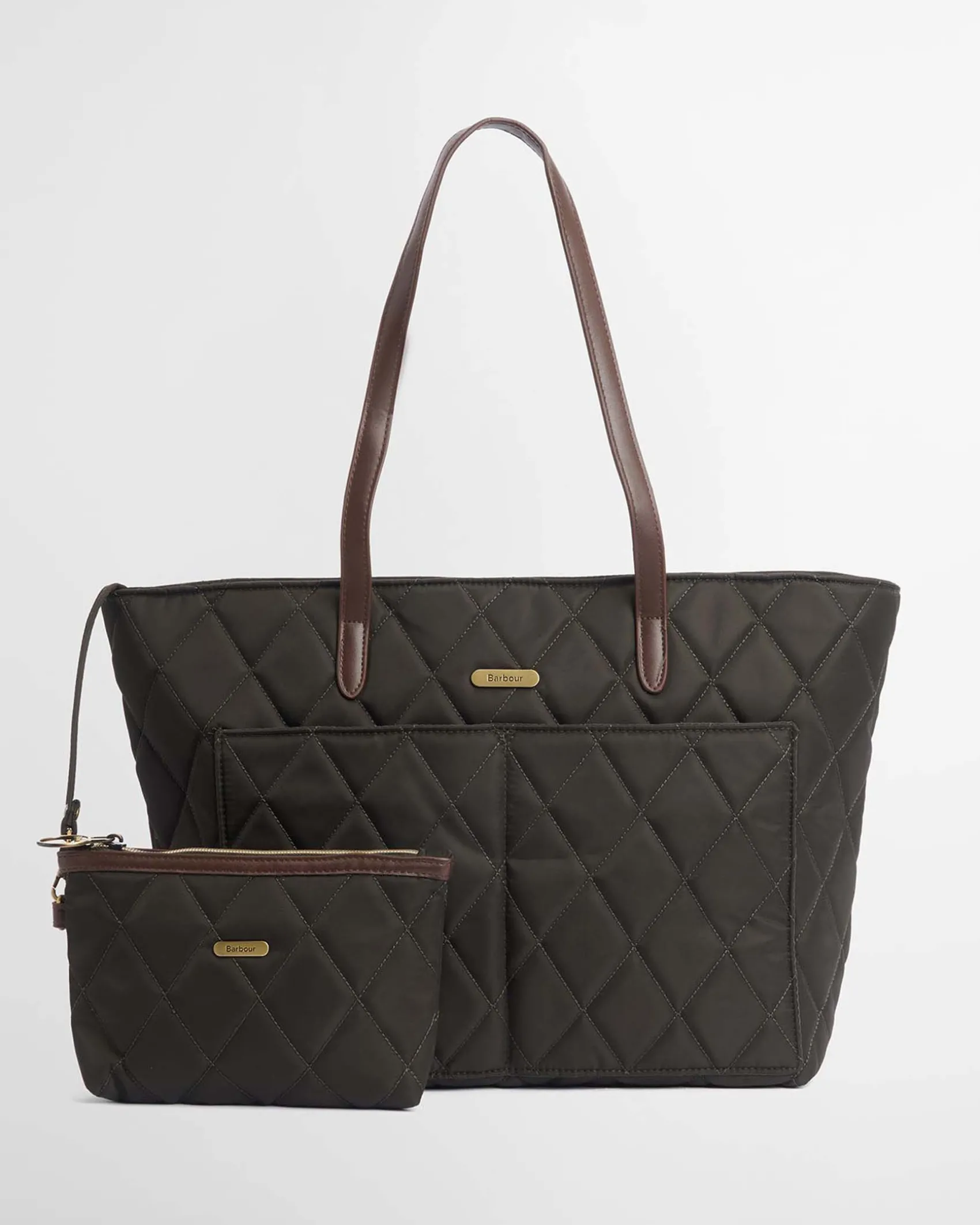 Shopping bag verde militare Barbour in nylon trapuntato con profili in similpelle e pochette staccabile più piccola