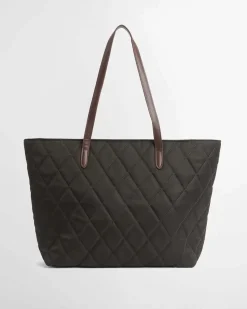 Shopping bag verde militare Barbour in nylon trapuntato con profili in similpelle e pochette staccabile più piccola