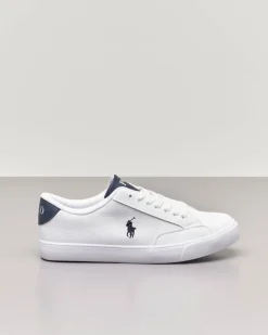 Sneakers bianche in ecopelle con pony blu 35-39