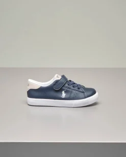 Sneakers blu in ecopelle con doppia chiusura a strappo e stringhe 27-34