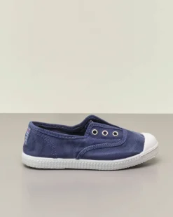 Sneakers blu senza lacci in canvas di cotone effetto stone washed
