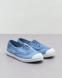 Sneakers slip-on blu denim senza lacci in canvas di cotone effetto stone washed