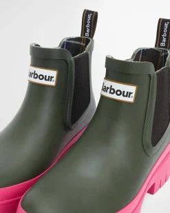 Stivaletti verde militare in gomma modello Halton Barbour con suola alta in gomma fucsia